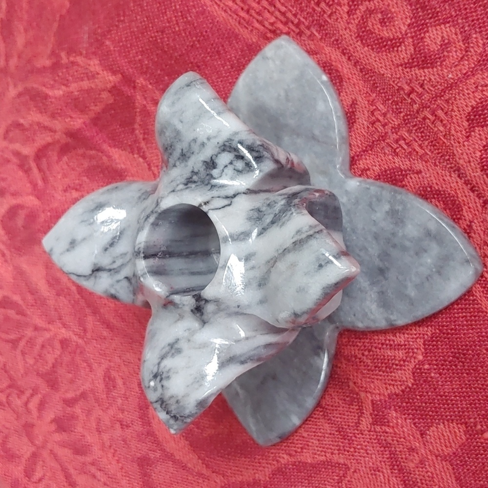 Stone Candle Holder.  Grey/black.  Carved Flower Shape